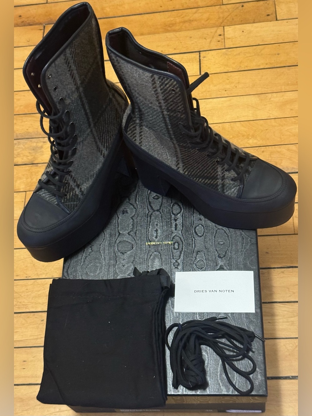 NIB Dries Van Noten Plaid Lace-Up Platform Boots Sz 38 FW20 Archive Runway Rare